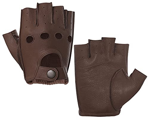 Harssidanzar Herren Halbfinger Lederhandschuhe für fahren Fingerlose Hirschleder ungefüttert Handschuhe GM005A, Sattel,Größe S