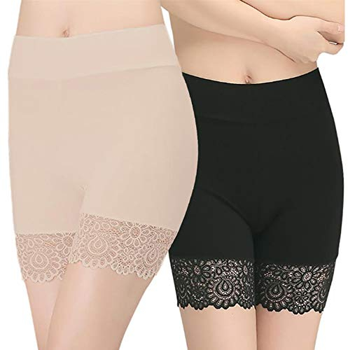 Damen Basic Unterhose mit halblangem Bein, Anti-Scheuern, Baumwolle, Shorts, halblanges Bein, Höschen, weiche Boxershorts, Unterwäsche Gr. One size, Style1-Haut+schwarz