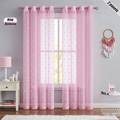 Beauoop - Tende semi-velate per finestra, lunghezza 200 cm, per camera da letto, camera da letto delle ragazze, con pompon a pois, in voile floreale, per bambini, 150 x 220 cm, colore: rosa
