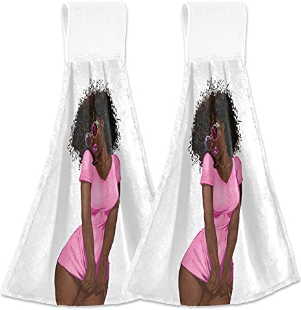 African American Black Woman Pink Dress Brown Afro Hairstyle 2 PCs Hanging Kitchen Hand Towel, Dish Dishcloth Towels with Hanging Loop, Absorbent Tea Bar Bath Tie Towel for Tabletop Kitchen