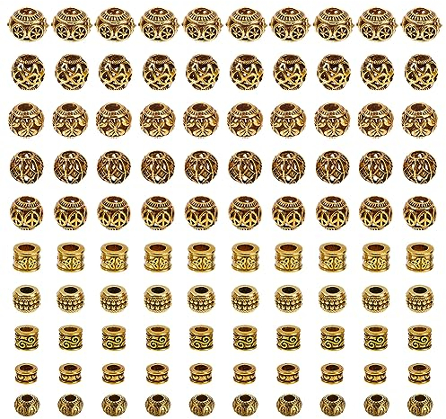 NBEADS 100 Stück 10 Stile Legierung Europäische Perlen, Antike Goldene Große Lochperlen Tibetischen Stil Perlen Metall Spacer Perlen Für Armband Schmuckherstellung, Loch: 4-5.5 mm