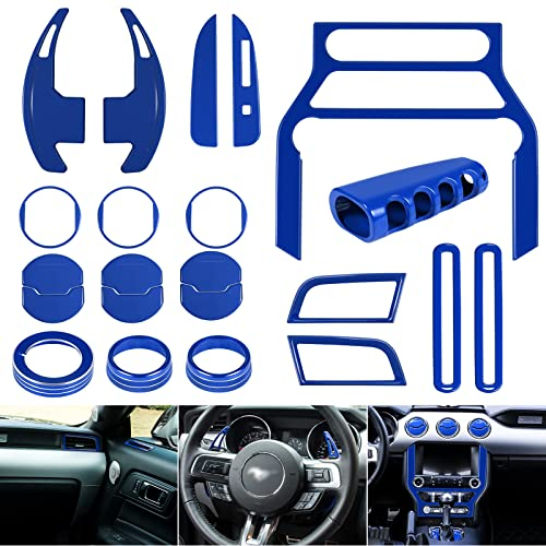 Komplettes Set Innenausstattung Dekorative Verkleidungsabdeckungen für Ford Mustang GT 2015-2023 Zubehör- Auto-Lenkrad, Auto-Armaturenbrett-Zentralbedienfeld usw. (Blau)