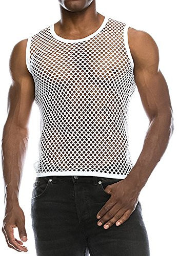 BOTCAM Camiseta de malla para hombre, sexy, transparente, para culturismo, elástica, sin mangas, transpirable, transparente, Blanco, S