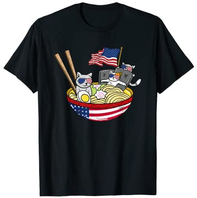 Cats Ramen Anime American Flag USA Funny 4th of Juli Fourth T-Shirt