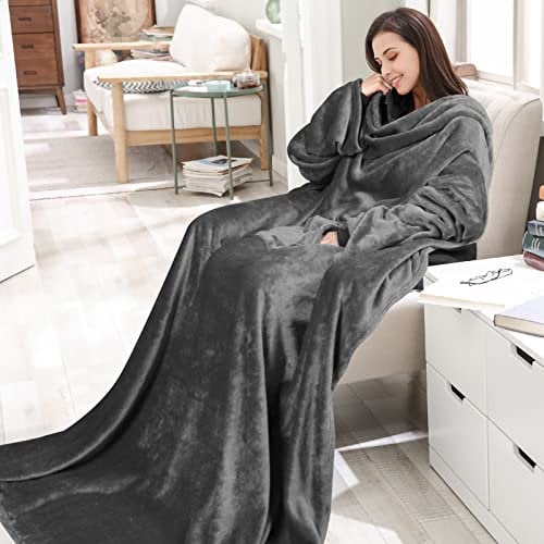 jely Coperta con Maniche & Tasca Indossabile 150x180 cm Coperta Pile con Maniche Divano per Donna Uomo Flanella Morbida Calda TV Coperta Invernale (Grigio Scuro)