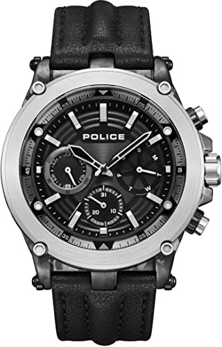 Police Tamam Herren Armbanduhr aus Edelstahl und Leder in der Farbe Gunmetal-Schwarz 47mm, Wasserdichtigkeit: 5 Bar, PEWJF2226640