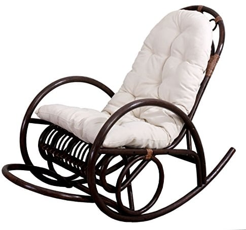 Mendler Schaukelstuhl HWC-C40AM, Schwingsessel Rattansessel, braun - Auflage weiß