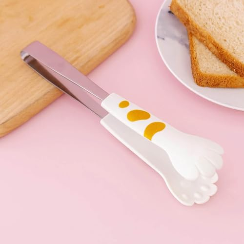 Küche Kochen Tong, 12cm Nette Katze Pfote Form Serving Tong Edelstahl Kleine Salat Tong Brot Tong BBQ Tong Essen Tong Kawaii Essen Küchenzange Multifunktions-Bbq-Clips für Zuhause(S-Weiß)