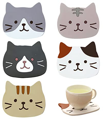 TSHAOUN 5er Set Katze Untersetzer Silikon, Süßen Cartoon-Katzen Getränkeuntersetzer, Dekorative Glasuntersetzer, Tischuntersetzer Untersetzer Gläser für Getränke, Tassen, Bar, Glas
