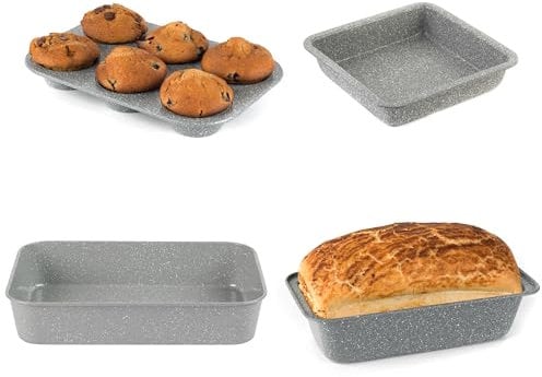 Salter Marblestone 4 Piece Baking Set - Non-Stick 6-Cup Muffin Tray, Square Pan, Deep Baking Tray & Loaf Baking Pan, Oven Safe Up to 220°C, Durable & Sturdy Carbon Steel, Lightweight, Easy Clean