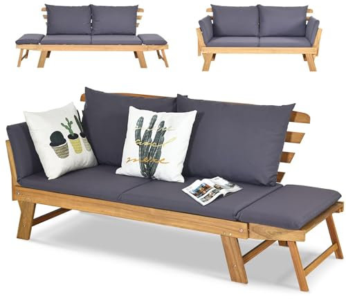 COSTWAY 3 en 1 Sofa Cama de Jardín, Banco de Jardín de 2 Plazas Convertible con 2 Almohadas y Cojin Extraible y Lavable, Reposabrazos Ajustables, Sofa Jardin de Madera Acacia para Patio, Máx 320 kg