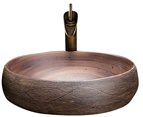 AVLUZ Vintage-Waschbecken, großes ovales Badezimmer, künstlerische Porzellan-Schüssel mit Wasserhahn-Pop-Up-Ablauf, braun über Theken-Waschbecken, Kunst-Waschbecken