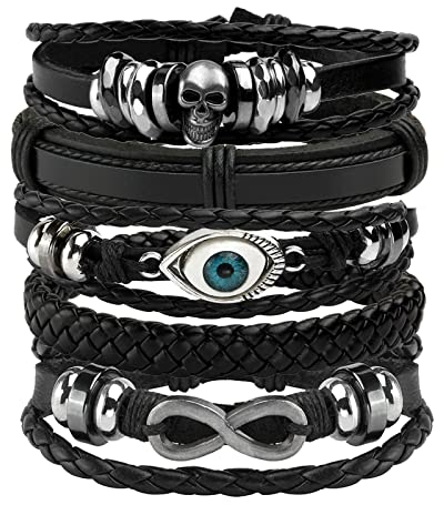 Eigso 5 Pcs Schädel Punk Leder Manschette Armbänder für Männer Frauen Evil Eye Vintage Manschette Armband Set für Mann Frau