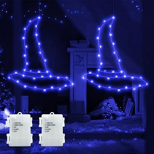 DreiWasser Beleuchtet Fensterdeko Zauberhut Kaltes Lila Batteriebetrieben, 2 Stück 120 LED Zauberhüte Halloween mit 1m Zuleitung und Timer für Fenster Beleuchtung Deko Hängen Halloween Deko