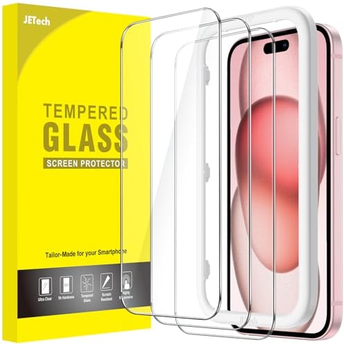 JETech Protector de Pantalla para iPhone 15 6,1 Pulgadas, Cristal Vidrio Templado, con Marco de Instalación Fácil, Amigable para Funda, HD Transparente, 3 Unidades