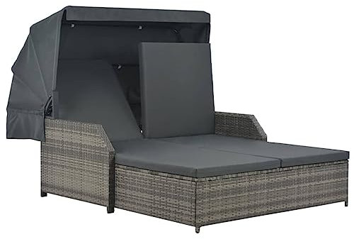 2-Personen-Sonnenliege mit Sonnendach Poly Rattan Grau, Sonnenliege aus Polyrattan mit Sonnendach Gartenliege verstellbar Rattanliege Gartenmöbel Liege mit Kissen Grau