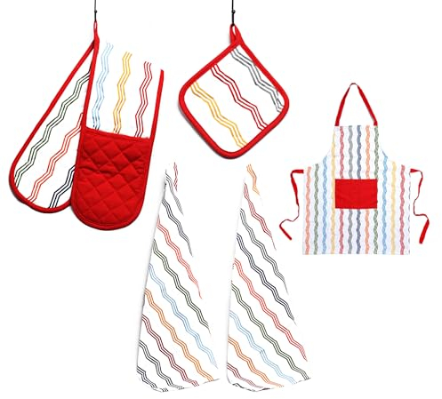 Olivia Rocco Kitchen Sets Apron Double Oven Gloves Towel Set Heat Resistant Oven Mitts Pot Holder for Home Kitchen Baking and Cooking Pack of 5, Ziggy Multi