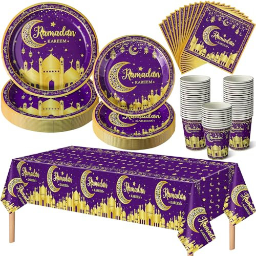 Blushtier 97 Pcs Ramadan Eid Mubarak Party Tableware Set for 24 Guests Include 9 Dinner Plates, 7 Dessert Plates, 9 oz Cups, Eid Mubarak Napkins, Tablecloth for Ramadan Decorations (Purple and Gold)