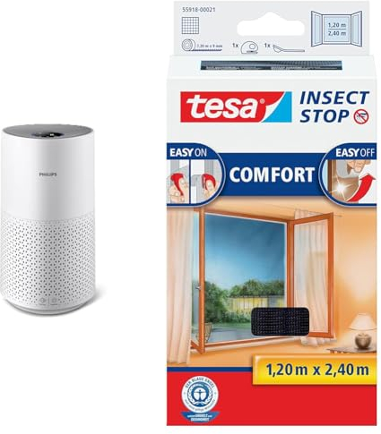 Philips Luftreiniger Smart 1000i Serie - Reinigt Räume bis zu 78 m² & tesa Insect Stop COMFORT Fliegengitter für bodentiefe Fenster