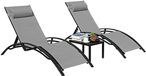 Lot de 3 chaises longues inclinables en aluminium avec 5 dossiers réglables, coussin de tête, table pour jardin (D 1)