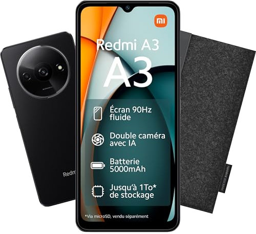 Xiaomi REDMI A3 4, Telephone portable128GB + Etui Inclus, Double caméra avec IA, Compatible Charge Rapide 10W, Noir