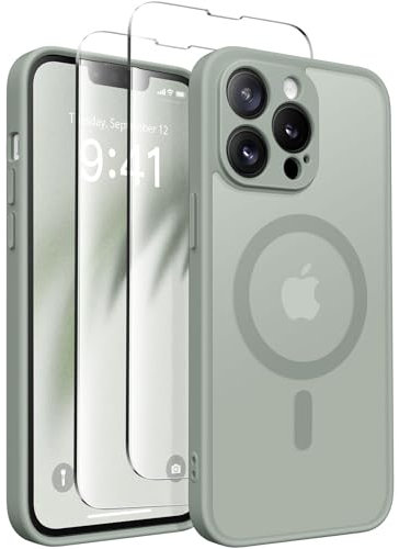 CAPRARO Magnetische für iPhone 13 Pro Hülle,[Kompatibel mit MagSafe] [Vollständiger Schutz der Kamera] Stoßfester Schutz Schlank Durchscheinende Matte Handyhülle iPhone 13 Pro Hülle, Grau Grün