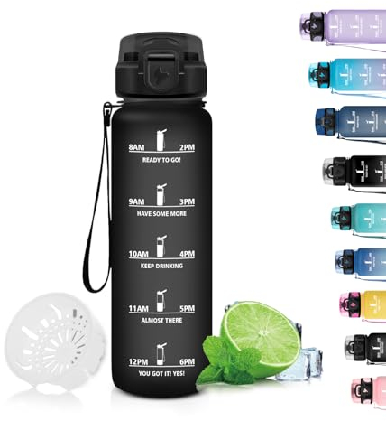 Grsta Gourde, 500ml Gourde Enfant, Gourde Filtrante Anti-Fuite, Gourde Sport pour Garçon & Fille, Facile à Nettoyer, Gourde Graduée avec Slogan de Motivation, pour l'École, Bureau, Extérieur, Noir