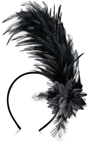 ElevateTech Feder Haarreif mit Künstlichen Blumen, 20er Jahre Haarschmuck Cosplay Haarband Schwarz Feder Haarreif Kopfbedeckung für Frauen Teeparty, Cocktails, Hochzeiten, Teepartys