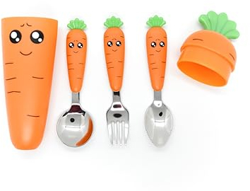 Cubertería infantil Zanahoria para niños y niñas, Llamativa para despertar su creatividad, Hogar y Colegios, Acero inoxidable, Cuchara y Tenedor