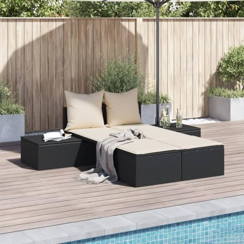 Gecheer Doppel Sonnenliege mit Kissen, Doppelliege, Gartenliege Relaxliege Sonnenbett Doppelbett Gartenmöbel Liege Schwarz Poly Rattan