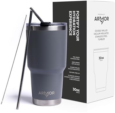 Product Armor - 900 ml Premium Stainless Steel Tumbler and Straws - Vacuum Insulated, iced Coffee Tumbler, Gym Bottle, Water Bottle Stainless Steel, Insulated Water Bottle (Gotham Grey)