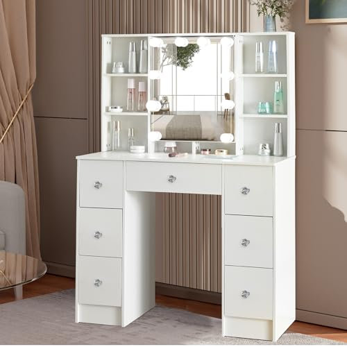 Vanity Desk with Mirror and lights, White Dressing Table with 7 Drawer & 9 Storage Shelves, Large Makeup Desk with Lighted Mirror, Girls Vanity Table Make Up Vanties H3319UK