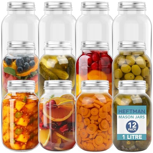 HEFTMAN Glass Mason Jars with Lids 1L - Set of 12 Large Air Tight Jars for Overnight Oats, Homemade Jam, Baby Food Storage, Meal Prep, Pickling, Preserving - Mason Jar 12 PCS (1 Litre)