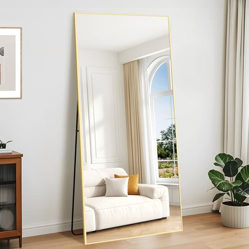 KOCUUY Rechteckig Ganzkörperspiegel, 192 x 85 cm Großer Standspiegel, Groß Wandspiegel mit Gold Aluminium Rahmen, Hängend, Stehend, Kippbar, für Wohnzimmer, Schlafzimmer und Flure
