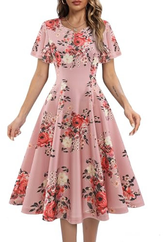 Floral Dresses for Wedding Guest Women Short Sleeve Fit and Flare Tea Party Dress, Ladies Modest Church Formal Cocktail Evening Dress for Graduation Homecoming, Blush Flower XL