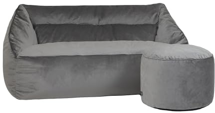 icon Cecilia Velvet Bean Bag Sofa with Pouffe, Charcoal Grey, Floor 2 Seater Sofa, Large Adult Bean Bag with Filling Included, Living Room, Living Room Furniture