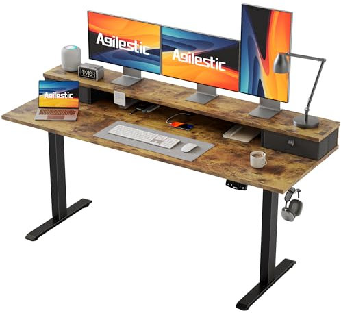 Agilestic Electric Adjustable Height Desk with 2 Drawers, 160 x 60 cm, Stable Sit-Stand Desk with Memory Control, Ergonomic Computer Desks, Brown