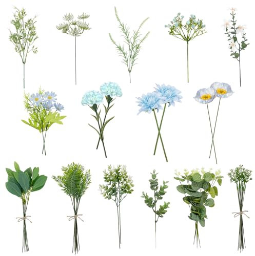 ROLLWAY 55 Stück Kunstblumen wie Echt Seidenblumen Blau Blumenstrauß Künstlich, Eukalyptus Zweige und Künstliche Blumen, Kunst Blumen Kunstblumenstrauss für DIY Brautstrauß Hochzeit Tischdeko