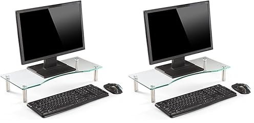 Ttap Clear Glass Monitor Stand / Laptop & Computer TV Screen Riser / Height Adjustable 56cm L x 24cm D x 9cm H (Clear) (Pack of 2)