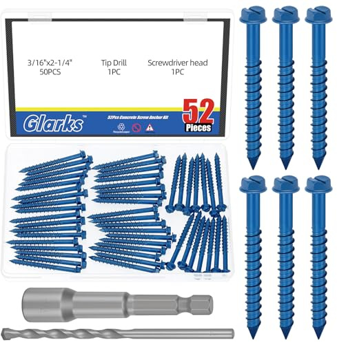 Glarks 52pcs 3/16 x 2-1/4 '' Schlitz Hex Waschkopf Betonschrauben Ankersatz, blaue Schwerlast Zementschrauben mit Bohrbutzen und Treiberbutzen zur Verankerung an Mauerwerk, Stuck