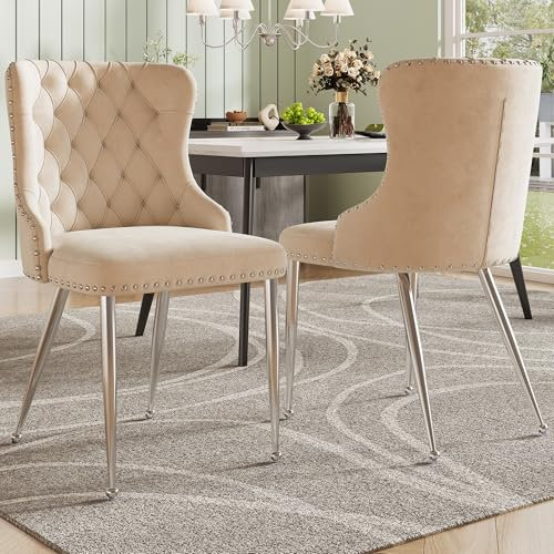 Dolamaní Lot de 2 chaises de salle à manger en velours avec dossier rembourré, design réglable et pieds dorés, beige B-2