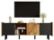 LERFAN Meuble TV de 160 cm, noir et bois, style moderne, avec trois portes et deux compartiments ouverts