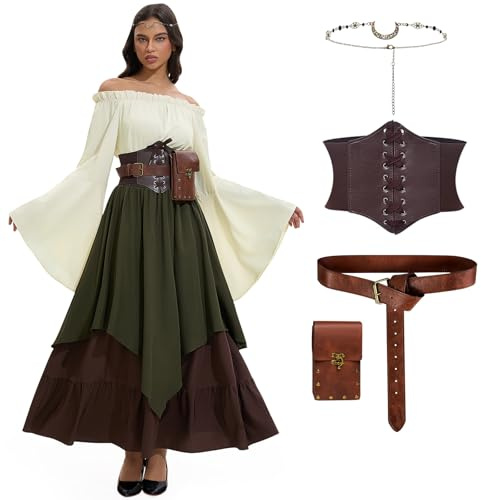 LumenVela Mittelalter Kleidung Damen, Renaissance Kleid Damen und Off Shoulder Bluse mit Corsett, Gürteltasche, Kopfschmuck, Gürtel, Viktorianisches Kostüm für Halloween Karneval