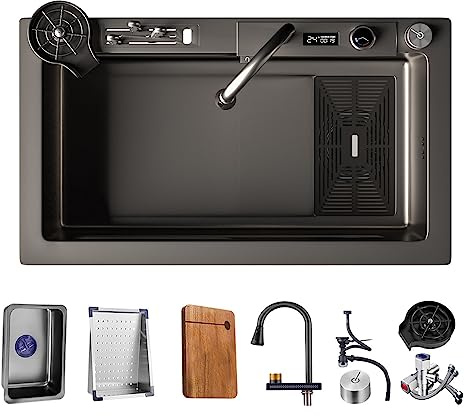 Set di lavello da cucina a cascata in acciaio inossidabile, workstation a ciotola singola con rubinetto estraibile per display digitale, lavatrice a tazza, kit di accessori a 13 pezzi, lavello da