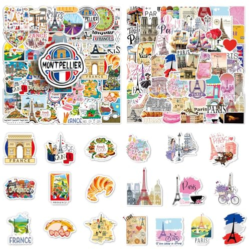 2×50 Stück Romantische France Reiseaufkleber, Paris Aufkleber, Reise Scrapbooking Aufkleber, Wasserfeste Vinyl Graffiti Sticker, für Laptop Gepäck Scrapbooking Zeitschriftenkoffer Gitarre(Frankreich)