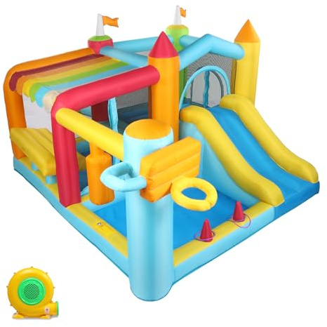 LEADZM Hüpfburg mit Gebläse, Aufblasbares Burgen mit Pool, Rutsche, Trampolin, Boxständer, 356x315x203cm