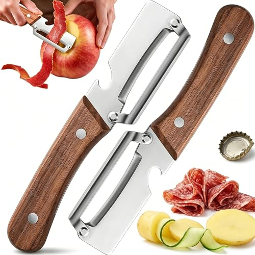 3-in-1 Multifunktionaler Schäler Gemüseschäler für die Küche - potato peeler Holzschäler aus Edelstahl, Sparschäler mit Holzgriff integriertem Flaschenöffner für Obst, Fleischscheiben (2Stück)
