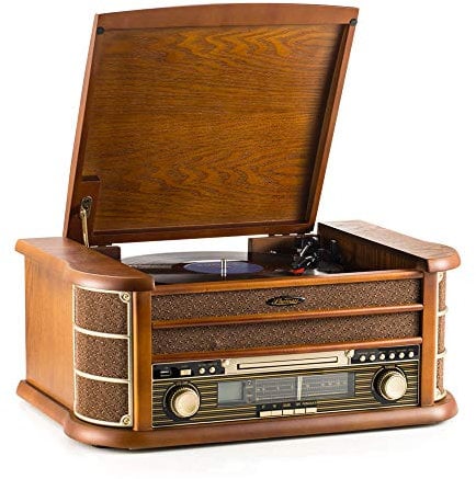 Shuman 8-in-1 Holz Musikanlage, Plattenspieler, CD-Player, MP3-Player, kabellos, USB-Port, AM/FM Radio-Tuner, Kassettenspieler, mit Fernbedienung (MC250BT)