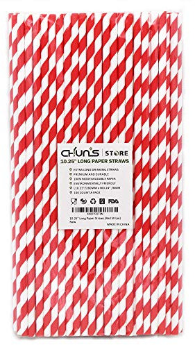Extra Long Paper Straws 10 Inch - Biodegradable Disposable Long Drinking Straws - Red/White Striped, 100