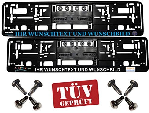 2er-Set Kennzeichenhalter Wunschtext/Logo für alle PKW´s Beschriftung Bedruckt mit 8 Schrauben